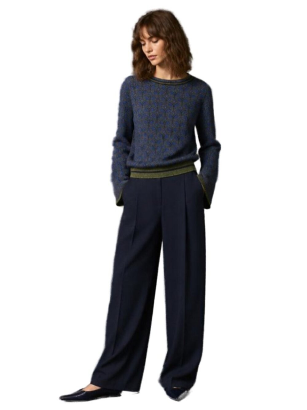 NEW Blue Green Flare Sleeve gold speckles Sweater Medium - Picture 3 of 12